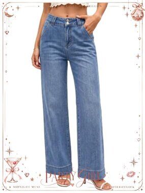Women's Straight Leg Baggy Jeans Mid High Rise Denim Pants Zip Button Pocket